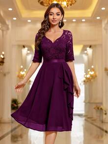 MIUSOL Sweetheart Neckline Floral Lace Ruffle Hem Cocktail Party Wedding Guest Dress - Maroon - View 5