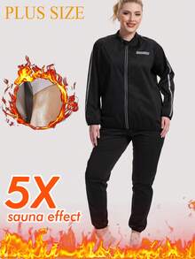 1 Set Traje Sauna Talla Grande para Mujeres, Conjunto de Sudadera y Pantalones para Gimnasio, Entrenamiento y Ejercicio - Negro - Ver 1