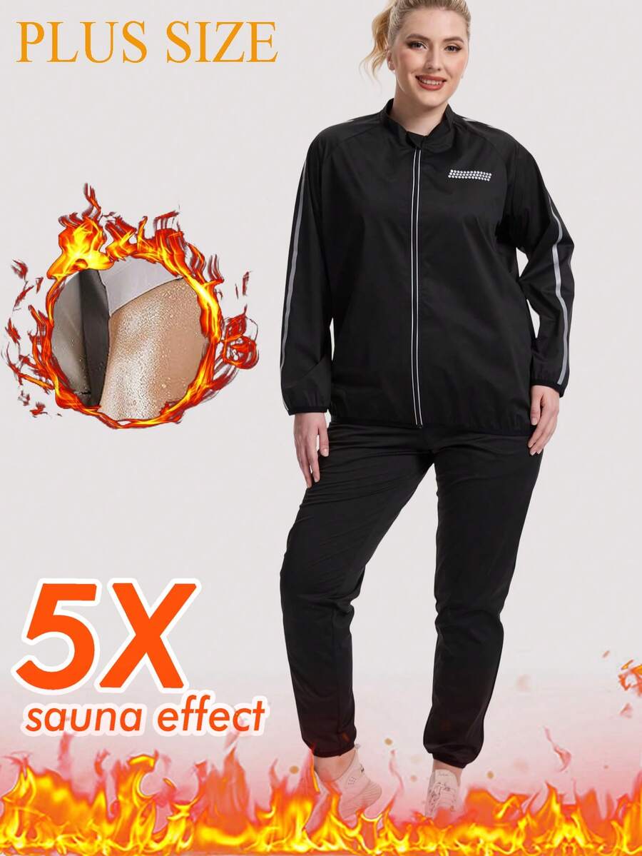 1 Set Traje Sauna Talla Grande para Mujeres, Conjunto de Sudadera y Pantalones para Gimnasio, Entrenamiento y Ejercicio - Negro - Ver 1