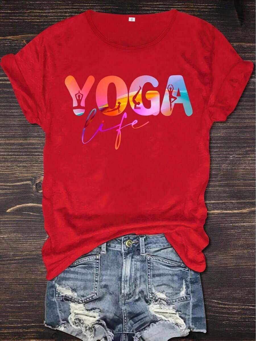 Deyin YOGA LIFE Printed T-Shirt Comfortable And Soft T-Shirt Round Neck Short Sleeve T-Shirt Loose And Comfortable T-Shirt Hot Print Funny Print-Graphic Tees-4th Of July-Funny Shirts-Graphic Shirts-Black Graphic Shirt-Summer 2025 Essential-Breathable Cotton Tee- 2025 - 紅色 - 查看 1