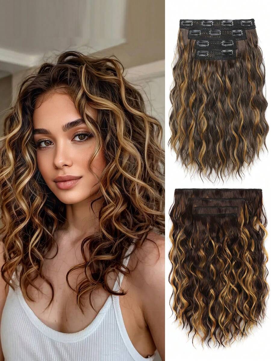 4pcs Brown With Golden Highlights 12-Inch Short Curly Wave Clip-In Synthetic Hair Extensions For Women
