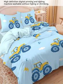 4Pcs Bedding Set (1 Duvet Cover + 2 Pillow Cases + 1 Flat Sheet, No Filler), Bulldozer & Excavator Print, Suitable For Bedroom, Hotel, School, Apartment, Single/Double Bed, Machine Washable - B - View 6