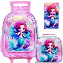 3 件套女童滚轮背包，儿童美人鱼背包带滚轮，带午餐盒的轮式书包，适合小学幼儿