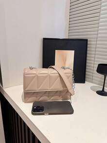 Chic High-End Fashion Flap Chain Crease Stylish Shoulder Bag, Crease Diamond Chain Shoulder Bag For Women - Khaki - View 6