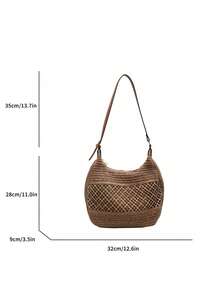 New French Woven Tote Bag, Large Capacity Beach Vacation Crossbody Shoulder Bag For Summer - Khaki - View 7
