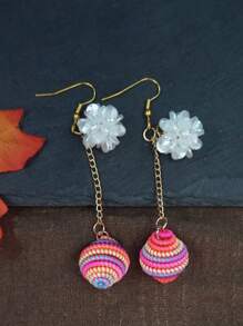 Handmade Long Tassel Rainbow Ball Floral Drop Earrings, Boho Vacation Style Vintage Elements, Suitable For Daily Life, Work, Stage, Street Photography, Women