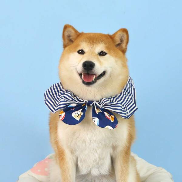 Pet Dog Scarf & Bowknot Headband Set, Stripe Navy Style, For Medium And Large Dog Breeds Like Shiba Inu, Golden Retriever
