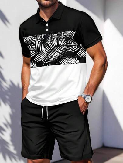 Men's Business Patchwork Print Short Sleeve Polo Shirt And Shorts Set