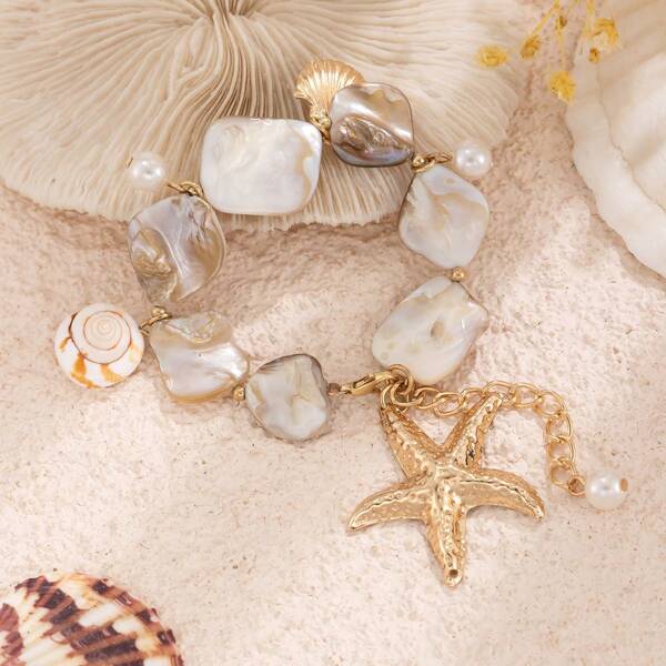 1 peça Pulseira de Aço Inoxidável Dourada com Estrela do Mar e Contas em Forma de Concha, Acessório de Moda Feminina