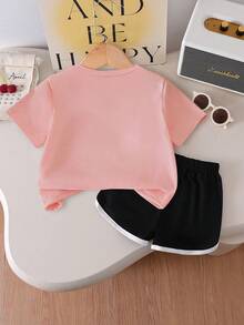 2pcs/Set Girls Cute Ramen Bubble Print Short Sleeve T-Shirt + Shorts Set, Soft Fabric Casual Summer Outfit - White - View 2