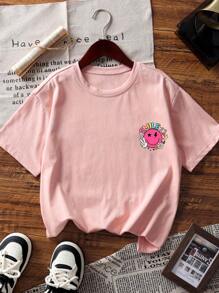 Tween Girls' Printed Short Sleeve T-Shirt, Student/Young Children's Clothing, Summer Top For Girls Preparing To Play