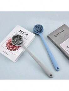 长柄硅胶背刷，蓝色/灰色/粉色，适用于按摩、沐浴、身体磨砂 - 彩色 - 查看 2