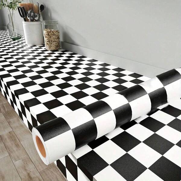 لفة واحدة من الورق الحائط المائي الفينيل الأسود والأبيض بتصميم الفسيفساء والشطرنج للاستخدام في مطبخ الرذاذ خلفية، الحمام، الخزائن، أدراج الحائط