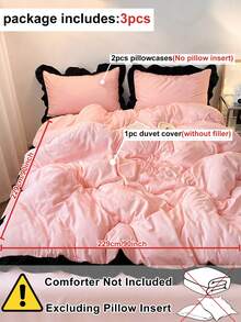 3 件套粉色涤纶羽绒被套，带黑色荷叶边蕾丝，现代可爱床上用品套装，大号，适合所有季节，柔软透气（1 个羽绒被套 + 2 个枕套，无填充物） - 粉色 - 查看 4