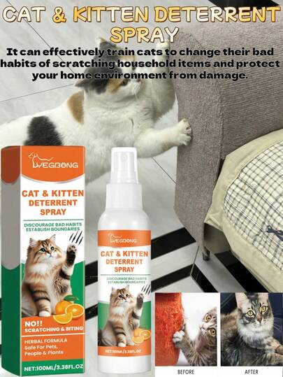 Spray de îngrijire pentru pisici 1 buc/100 ml, ingrediente delicate care reduc zgârieturile și mestecatul pisicilor, spray de protecție a casei - anti-cățărare, anti-zgârieturi și anti-urină, efect de lungă durată, formulă, protejează mobilierul, plantele și alte obiecte prin emiterea de mirosuri pe care pisicile nu le plac pentru a descuraja zgârieturile, potrivit pentru toate animalele de companie, pentru uz interior și exterior