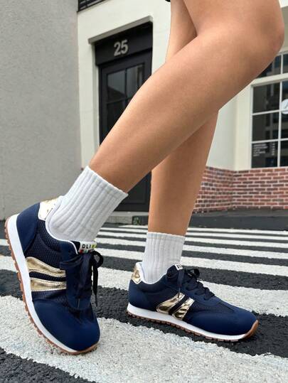 DareSee Plus Size Women's Comfortable Round Toe Faux Leather Patchwork Color Block Lace-Up Casual Sneakers, Suitable For Spring & Autumn Music-Fest Y2K-Fest Back To School