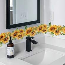 2 件向日葵条纹浴室装饰墙贴，PVC 防水易撕粘贴浴室配件用于装饰客厅背景墙房间化妆间洗脸台自粘墙贴