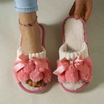 Women's Plush Bow Slippers - Suitable For All Seasons Indoor Household Shoes, Cute Home Slippers