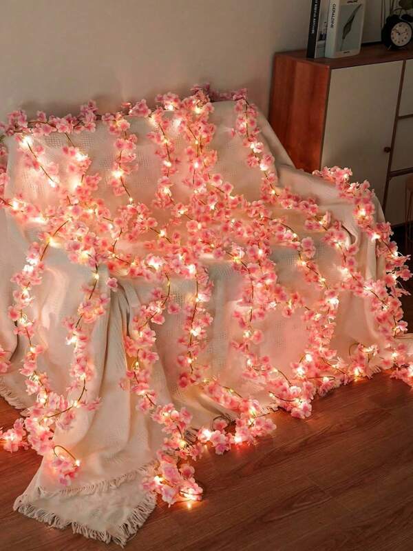 1 stuk roze kersenbloesemwijnstokverlichting, hangende roze zijden bloemenwijnstokverlichting, 20 LED bloemenkrans, batterijgevoede slaapkamerwijnstokverlichting, decoratie voor bruiloften