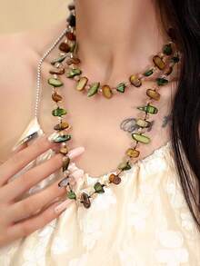 1pc Bohemian Asymmetrical Natural Shell Beads Double Layer Necklace, Retro Luxury Resort Long Necklace Accessory - Multicolor - View 4