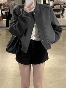 美式灰色休闲棒球夹克，宽松版型，落肩，短款，百搭秋季外套