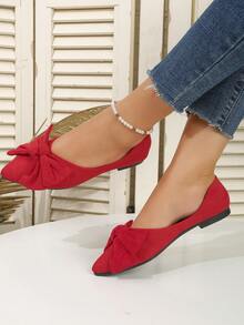 2025 New Women's Flat Casual Shoes, Pointed Toe With Rubber Sole, Bowknot Decor, Black, Versatile For Work - Red - View 6