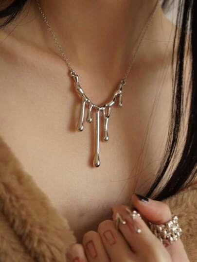 Stainless Steel Liquid "Drip" Necklace For Women – Modern Melted Metal Drop Pendant, Silver Fashion Jewelry Friendship Gifts