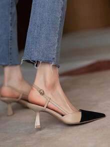 Tacones altos de mujer, tacones altos puntiagudos, tacón abierto, a la moda y versátiles - Caqui - Ver 6