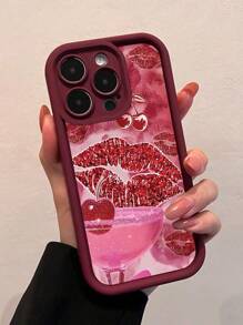 1 pieza Funda de teléfono resistente a los golpes, antihuellas, de cobertura total con diseño de labios rojos y cerezas del cóctel, compatible con iPhone 11, 13, 12, 14, 15, 12 Pro, 12 Pro Max, 13 Pro, 13 Pro Max, 14 Pro, 14 Pro Max, 15 Pro, 15 Pro Max y otros modelos