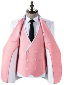 Tuxedos For Men Suits 3 Pieces Colorblock Slim Fit Double Breasted Formal Evening Tuxedo Blazer Vest Pants For Wedding Party, Night Out, Anniversary - Hồng - Xem 3