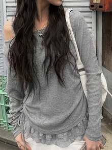 2件套 2025 春夏新款女式蕾丝拼布吊带背心 + 抽绳长袖上衣 - 灰色 - 查看 2