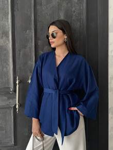 亚麻纯色休闲优雅系腰交叉腰带 - 藍色 - 查看 3