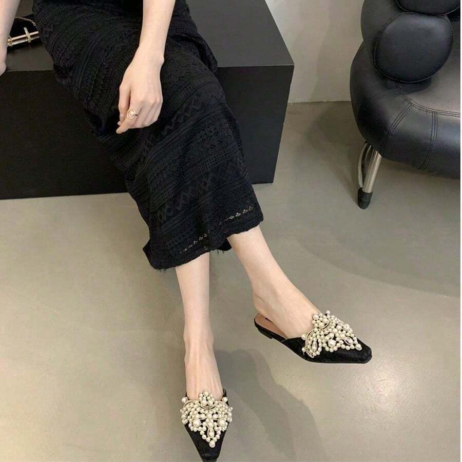 Fashion Pearl Bow Backless Mules For Women. Pointed Toe Slip-Ons. Comfortable Mid Heel. Holiday Casual High Heel Sandals. Perfect For Beach, Date, Shopping.