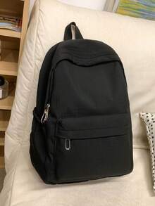 1pc Unisex Plain Color Backpack, Fashionable Versatile Large Capacity Casual Daypack For Work, School, Commute School Bag - Black - View 6