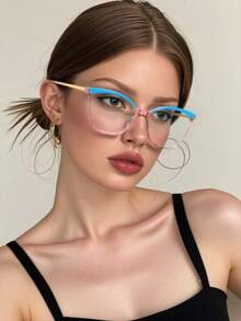 1 件女式双色多巴胺 Y2K 时尚复古猫眼金属 TR 镜框学院风工作时尚无度数眼镜配件，轻便 - 送给女朋友的首选礼物，佩戴舒适 - 彩色 - 查看 1