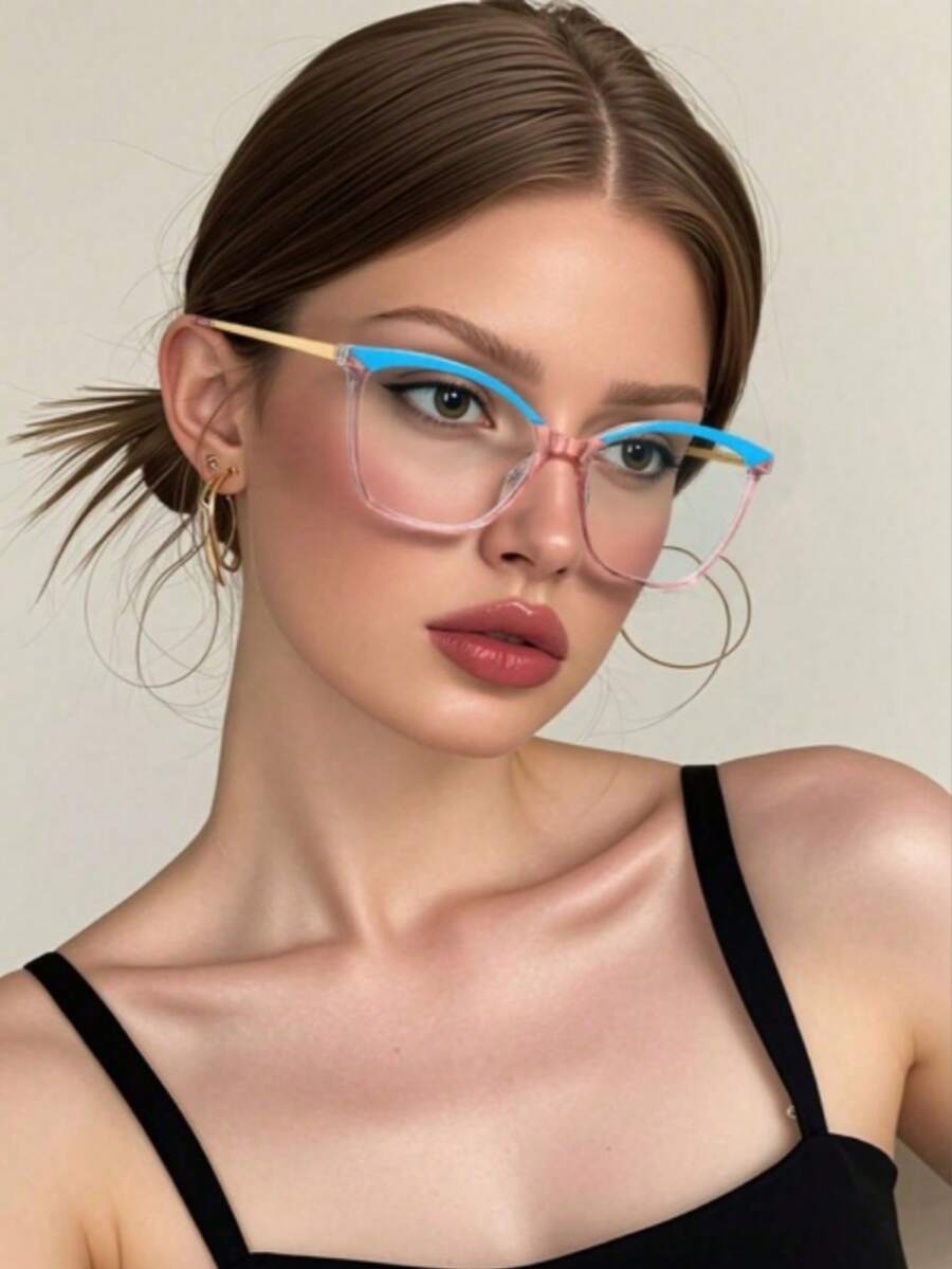 1 件女式双色多巴胺 Y2K 时尚复古猫眼金属 TR 镜框学院风工作时尚无度数眼镜配件，轻便 - 送给女朋友的首选礼物，佩戴舒适 - 彩色 - 查看 1