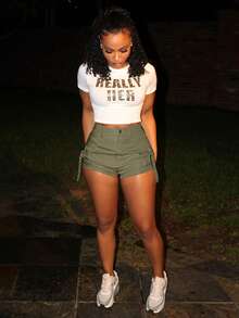 Steph T Shorts cargo de verano cómodos y casuales con corte vintage retro Y2K, cintura alta, bolsillo con solapa, detalles de cinta y espalda elástica - Verde militar - Ver 6