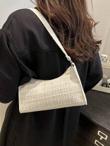 女士时尚格子 PU 皮革简约百搭单肩包，适合派对、街头、旅行 - 米色 - 查看 3