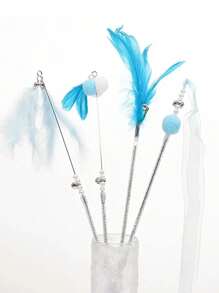 4件羽毛装饰逗猫仙女棒带铃铛，猫咪互动玩具，仙女逗猫棒玩具带耐咬羽毛带铃铛长杆斗猫棒，自娱自乐，