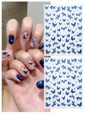 2 pezzi Adesivi per decorazione unghie con farfalle blu, design francese 5D con brillantini farfalle, autoadesivi per arte di unghie fai-da-te, decorazione per manicure estiva