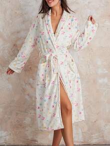 Women Dressing Gown Flannel Robe Floral Print Shawl Collar Bathrobe For Hotel Spa Party Kimono Robe With Belt - 彩色 - 查看 3