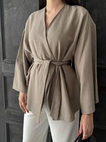 Linen Solid Casual Elegant Knotted Waist Belt - Beige - View 2