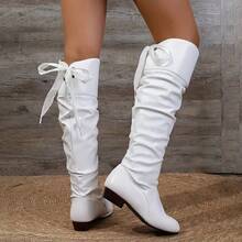 Women's Plus Size Long Pleated Boots, Solid Color, Easy To Wear Design, Round Toe, Medium Square Heel, Suede Lining, PU Upper, Rubber Sole - White - View 2