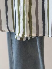 YUXIN 时尚宽松休闲竖条纹复古长袖衬衫，百搭设计，适合所有季节，女士 - 黃咖色 - 查看 9