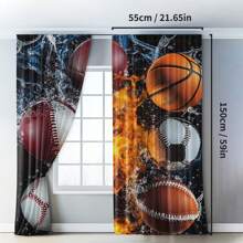 2pcs Classic Polyester Sport Themed Blackout Curtains Set, Dynamic Ice & Fire Design With Baseball, Football, Soccer & Basketball, Ideal For Boys Bedroom Window Treatment