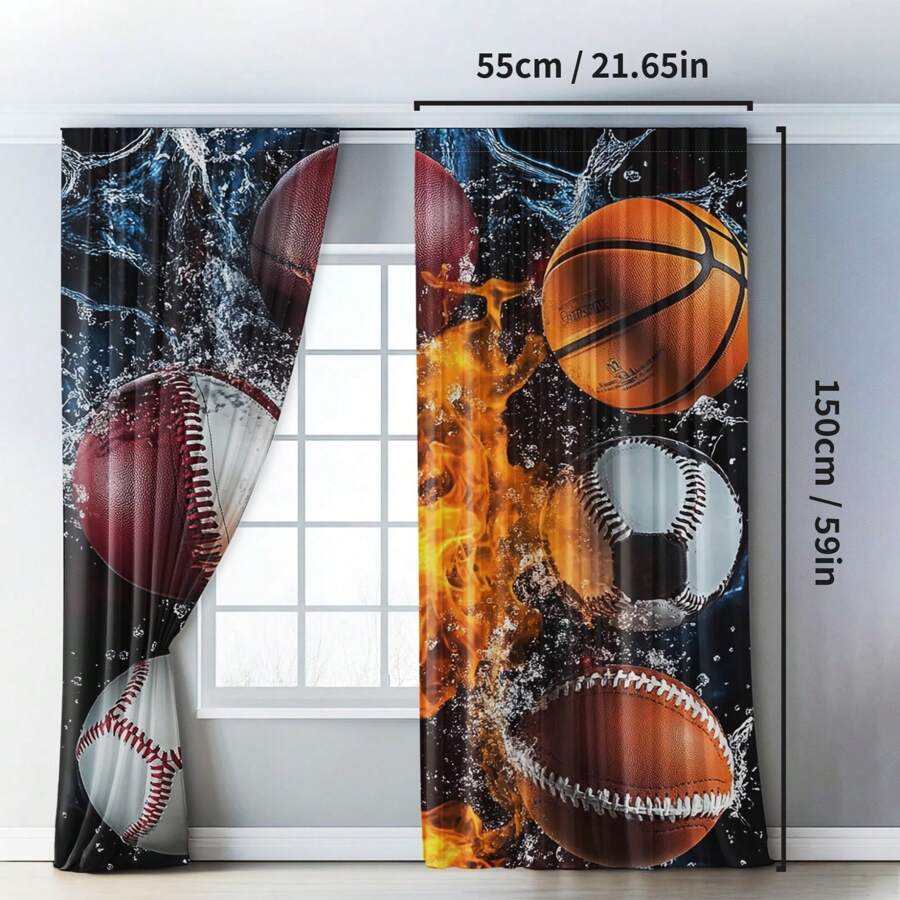 2pcs Classic Polyester Sport Themed Blackout Curtains Set, Dynamic Ice & Fire Design With Baseball, Football, Soccer & Basketball, Ideal For Boys Bedroom Window Treatment