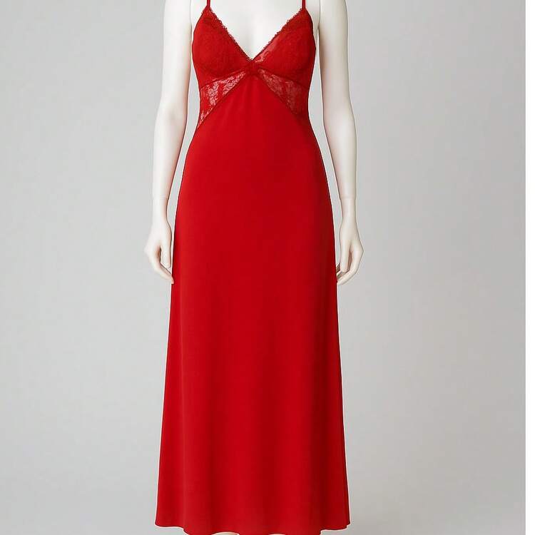 Long Lace Nightgown Women's Sexy Microfiber Lingerie - Red - View 3