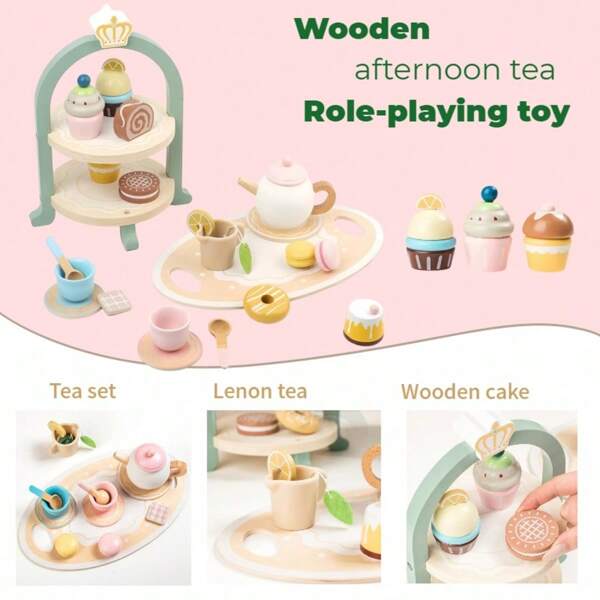 Conjunto de chá de madeira para meninas, 23 peças, conjunto de chá para crianças pequenas com suporte para cupcakes e comida, acessórios para brincadeira de faz de conta, conjunto de cozinha infantil, comida de mentira, bolo de madeira e macaron, brinquedo de dramatização, brinquedos de madeira para meninas de 2, 3, 4, 5 e 6 anos, presente de aniversário, presente para meninos