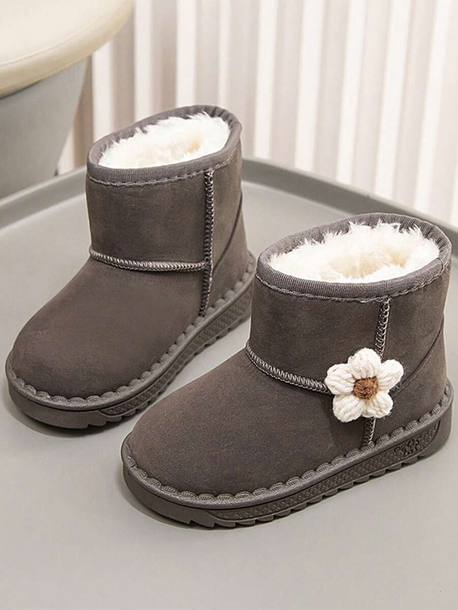 女童花卉装饰保暖内衬雪地靴,适合幼儿和小孩的保暖冬靴(鞋底印花随机) - 灰色 - 查看 1