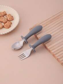 2PCS Personalized Customization Name Children Tableware Set Silicone Spoon Fork Handle Set With Stainless Steel Tips Training Cutlery Print On Demand Children Feeding Tools,Christmas Gift Supplies
